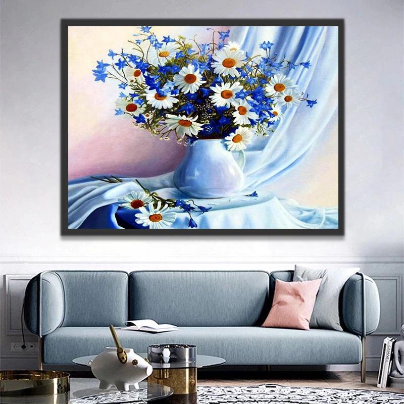 Een Pot Chrysanten op Blauw Satijn Schilderen op Nummers