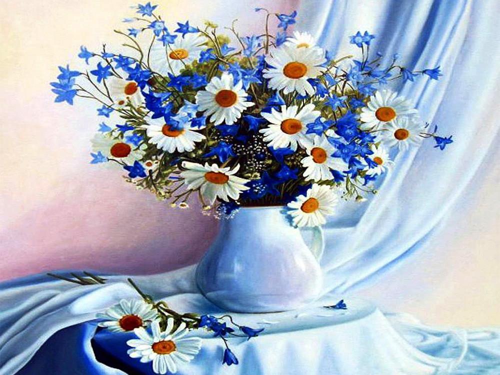 Een Pot Chrysanten op Blauw Satijn Schilderen op Nummers