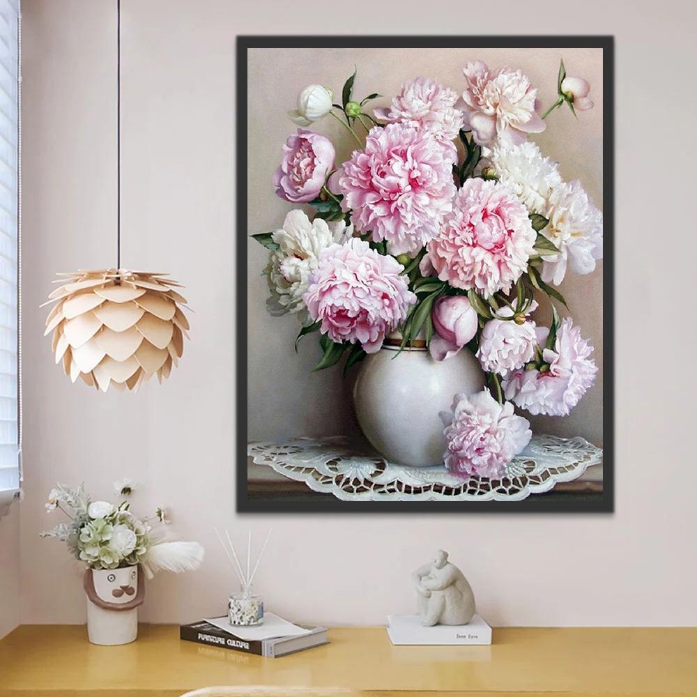 Een pot vol roze pioenrozen Schilderen op Nummers
