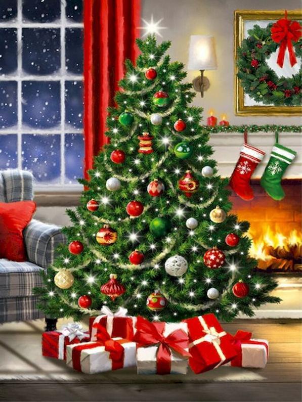Een Prachtig Versierde Kerstboom met Cadeaus Schilderen op Nummers