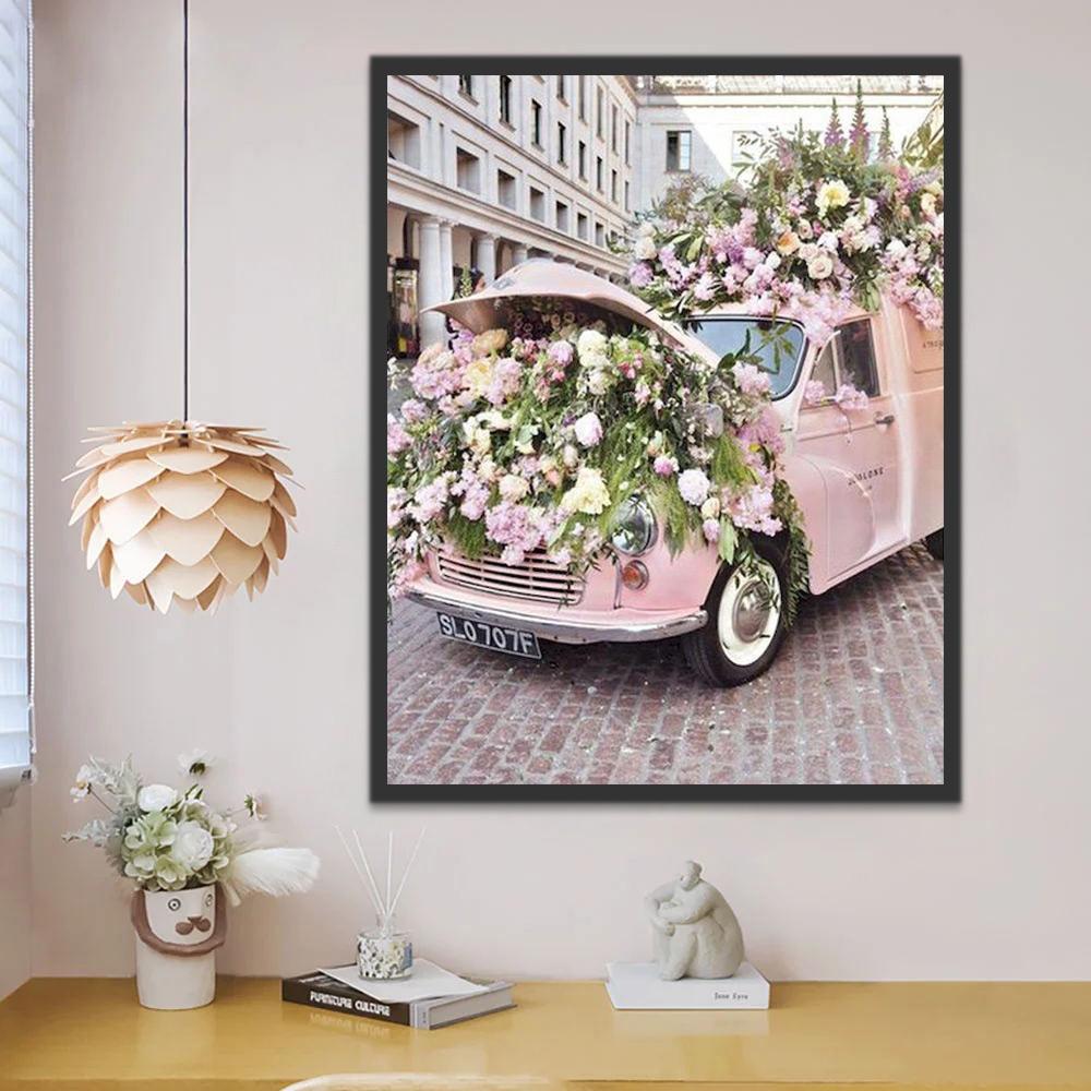 Een Roze Auto vol Bloemen Schilderen op Nummers