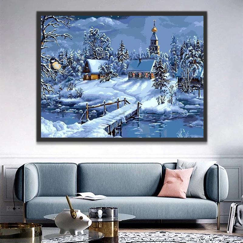 Een Rustig Dorp in een Besneeuwde Nacht Schilderen op Nummers