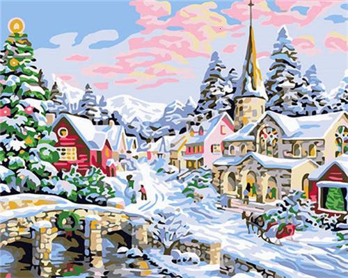 Een Sprookjesachtig Dorpje in Kersttijd Schilderen op Nummers