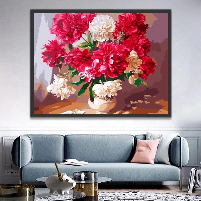 Een Vaas met Rode en Witte Bloemen Schilderen op Nummers