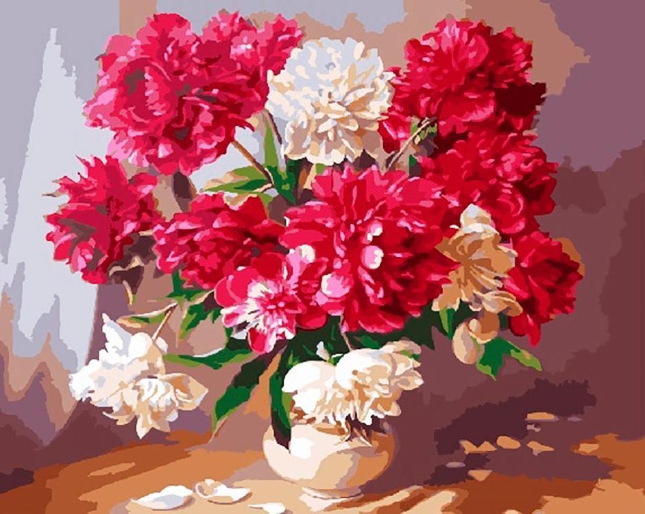 Een Vaas met Rode en Witte Bloemen Schilderen op Nummers