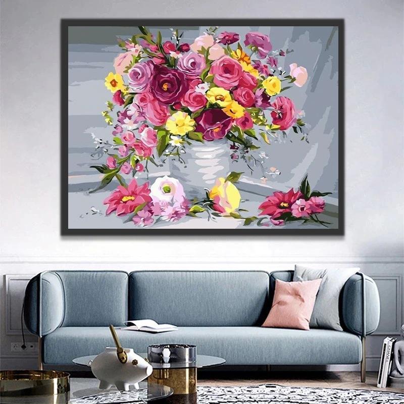 Een Vaas met Roze en Gele Bloemen Schilderen op Nummers