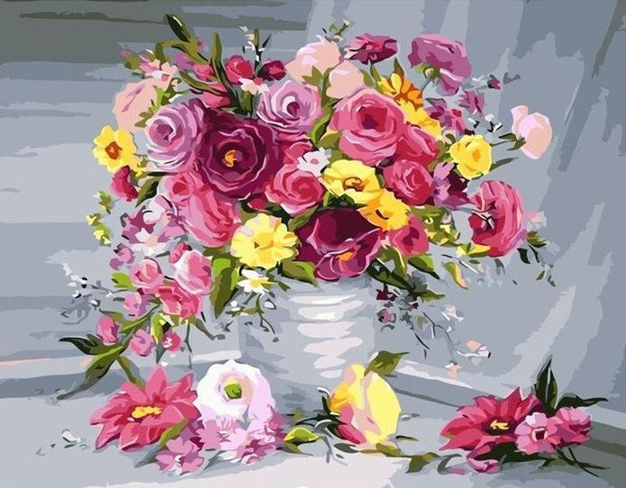 Een Vaas met Roze en Gele Bloemen Schilderen op Nummers