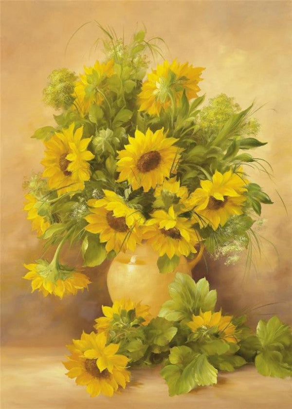Een Vaas met Zonnebloemen en Zonnebloemen op de Vloer Schilderen op Nummers