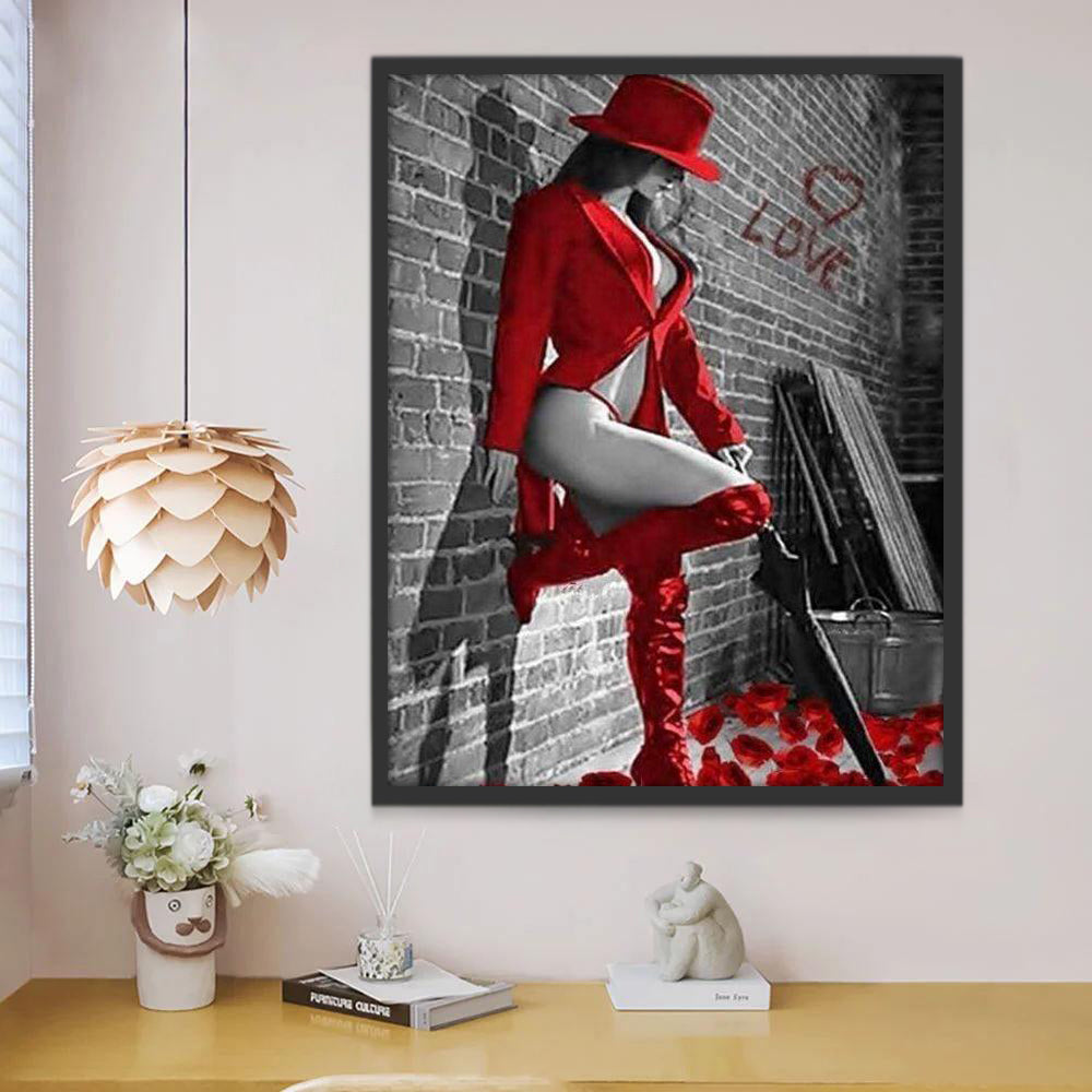 Een Verleidelijke Vrouw in Vlammend Rood Schilderen op Nummers