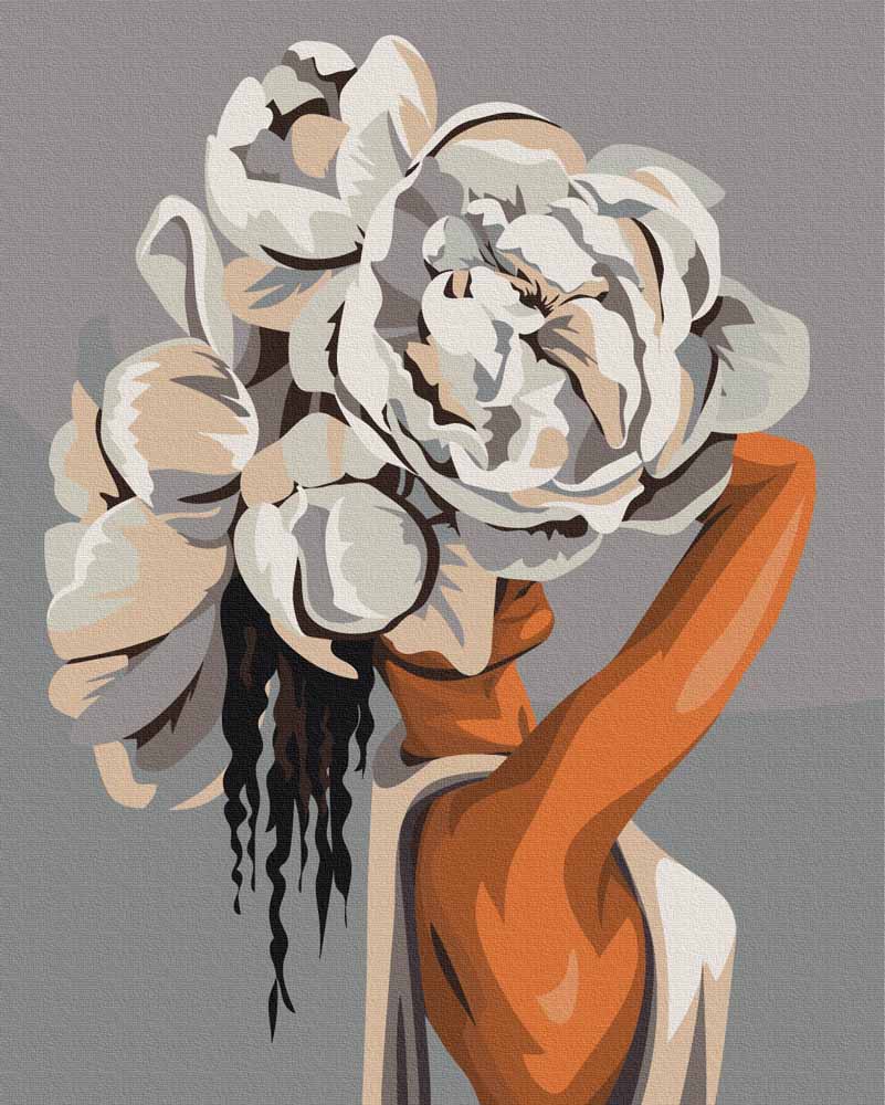 Een Vrouw in een Witte Jurk met Witte Bloemen Schilderen op Nummers