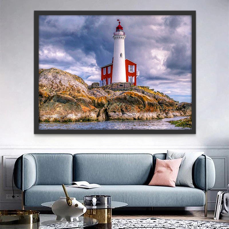 Een Vuurtoren en een Rood Huis aan de Kust Schilderen op Nummers