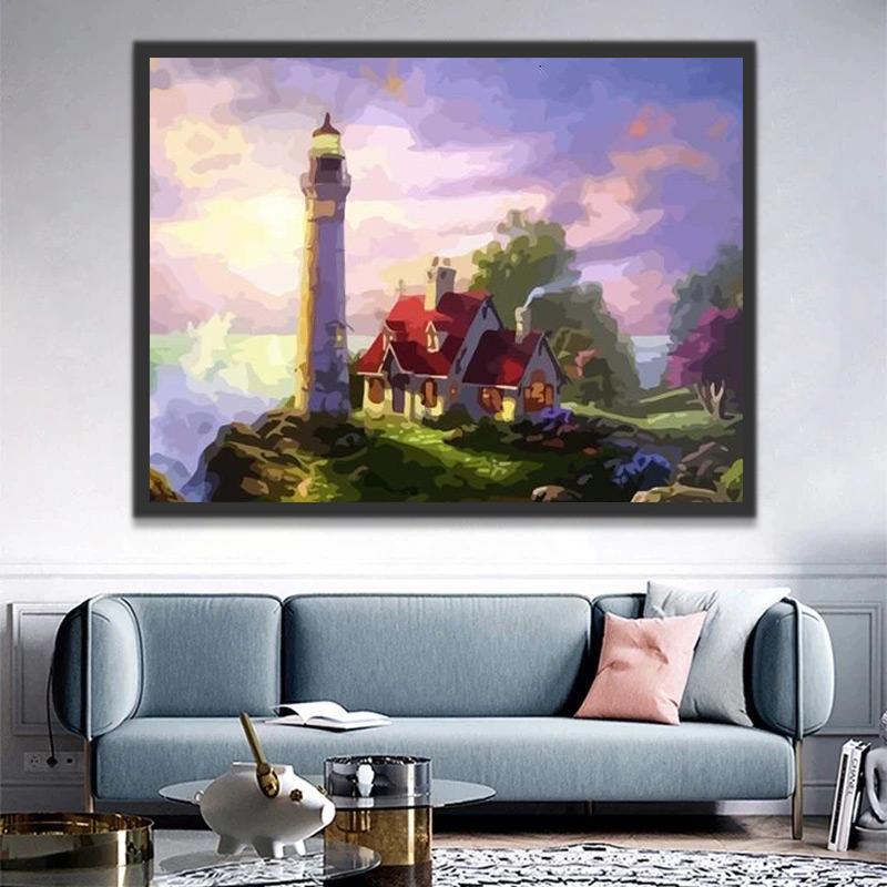 Een Vuurtoren onder een Paarse Hemel Schilderen op Nummers