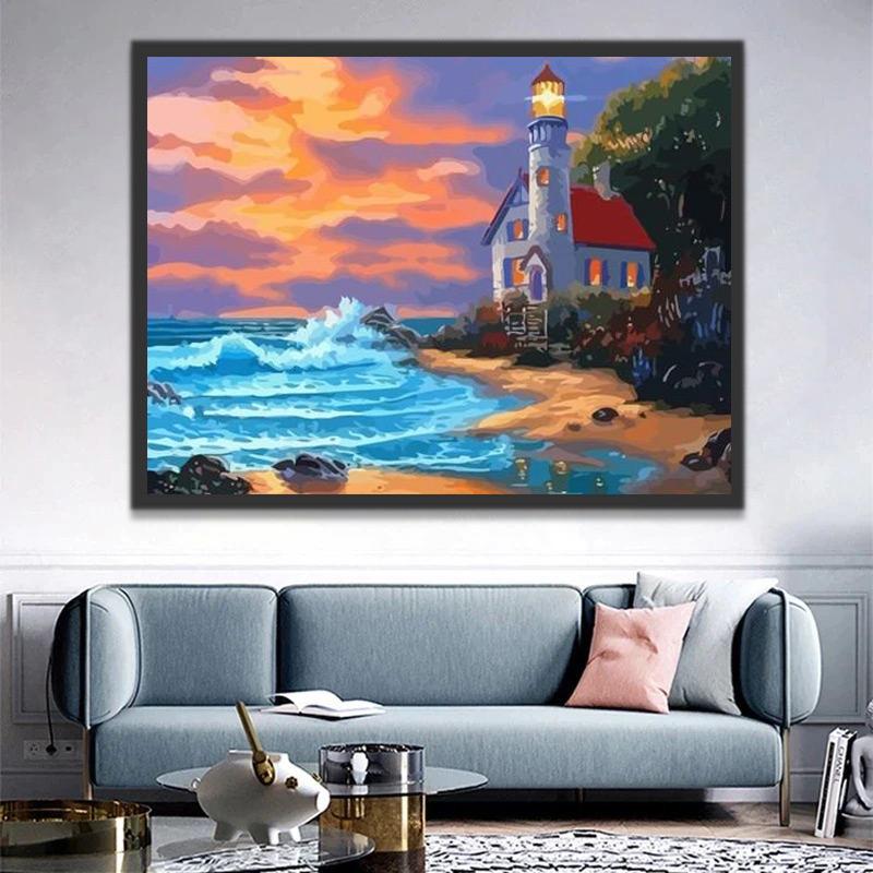 Een Vuurtoren op de Blauwe Zee Schilderen op Nummers