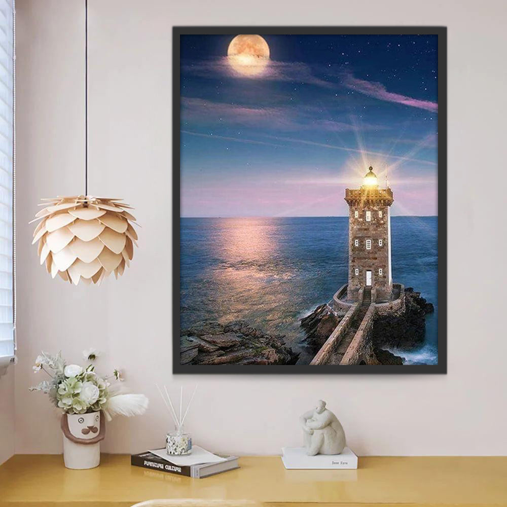 Een Vuurtoren Schijnt in de Volle Maan Schilderen op Nummers
