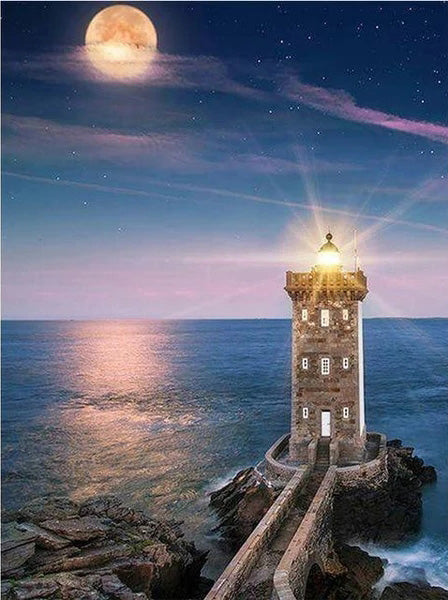 Een Vuurtoren Schijnt in de Volle Maan Schilderen op Nummers