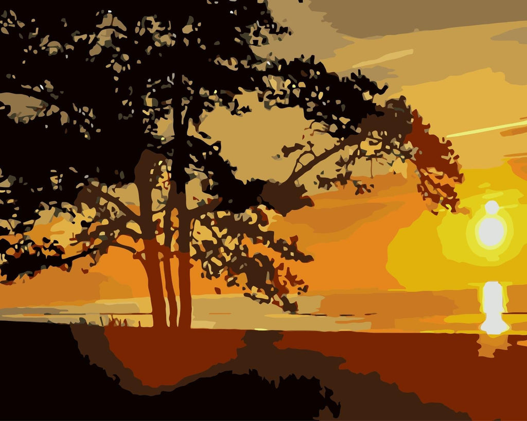Een Weelderige Boom bij Zonsondergang Schilderen op Nummers