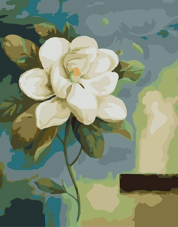 Een Witte bloem op een Groene Achtergrond Schilderen op Nummers