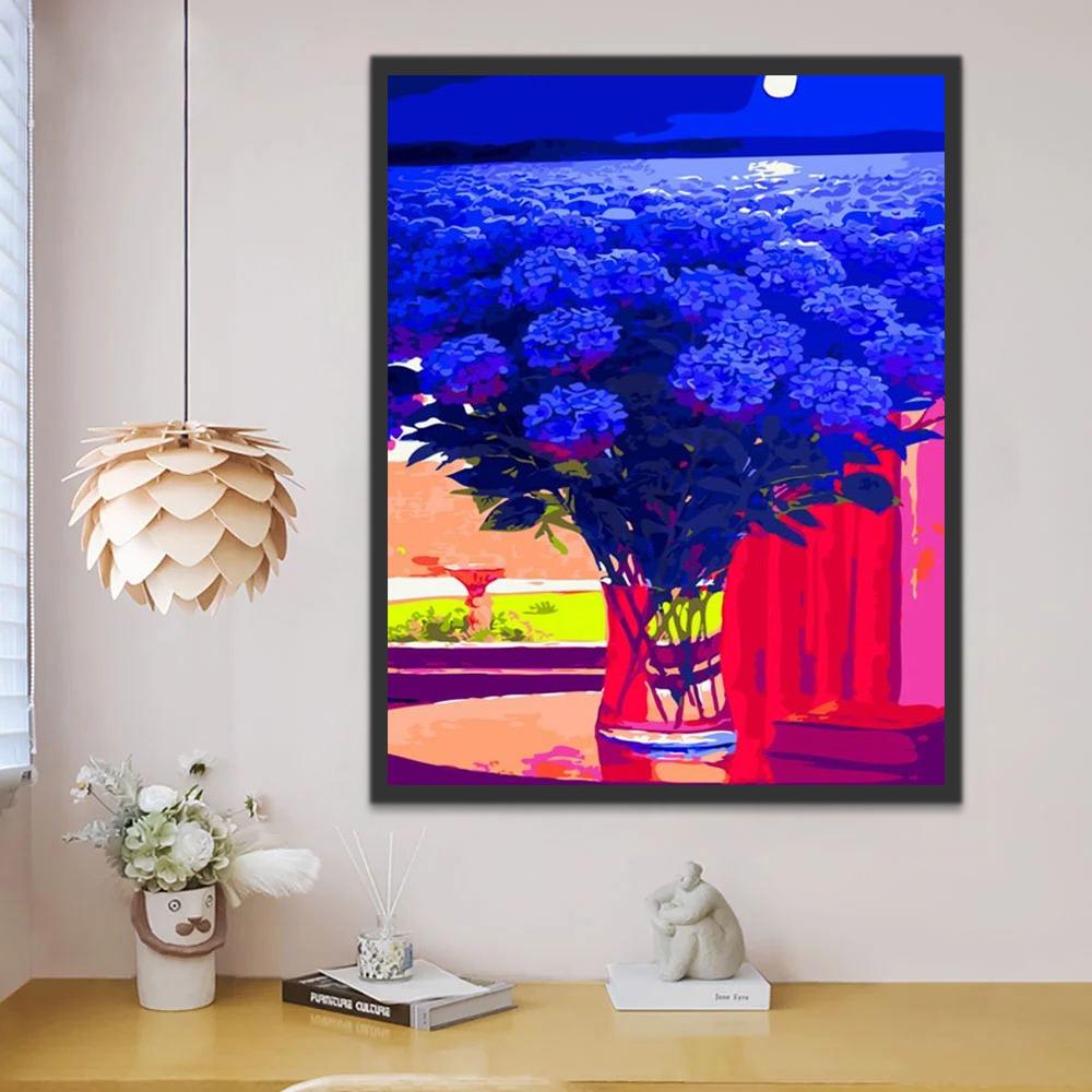 Een zee van Blauwe Bloemen op een Maanverlichte Nacht Schilderen op Nummers