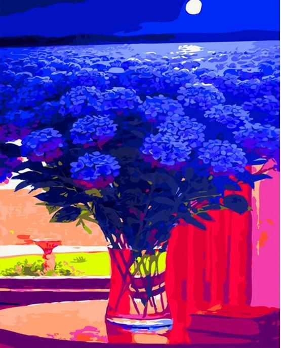 Een zee van Blauwe Bloemen op een Maanverlichte Nacht Schilderen op Nummers