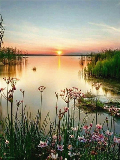 Een Zonsondergang over een Meer met Bloemen in de Voorgrond Schilderen op Nummers