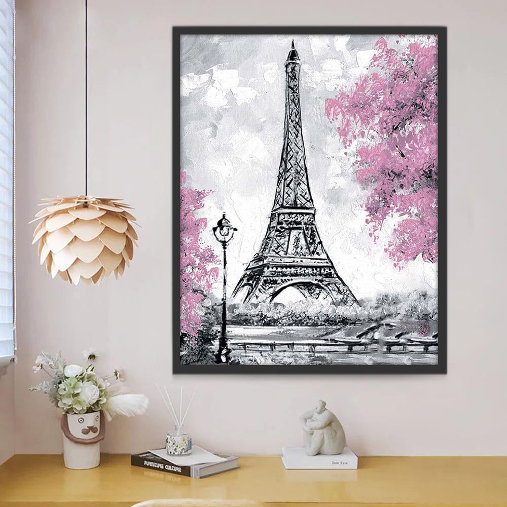 Een Zwart-witte Toren en Roze Bloemen Schilderen op Nummers