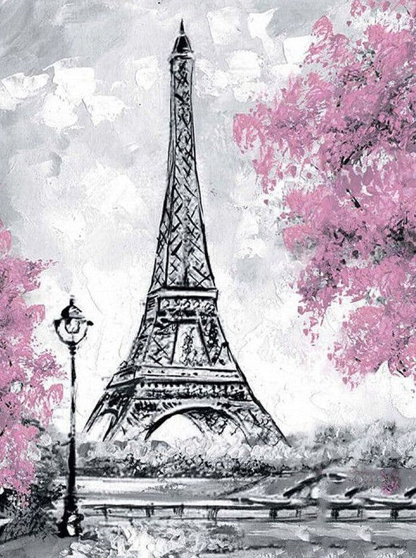 Een Zwart-witte Toren en Roze Bloemen Schilderen op Nummers