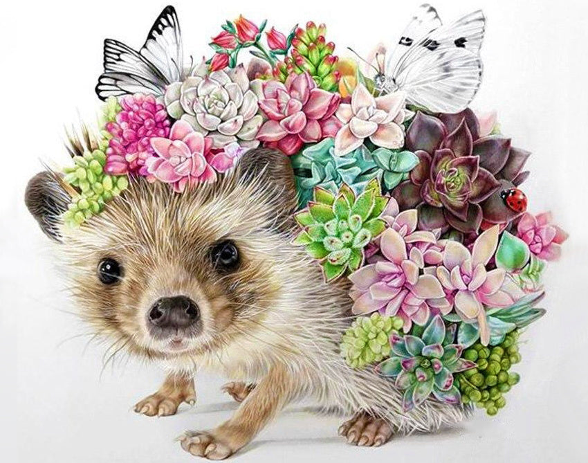 Egel omringd door bloemen en vlinders Schilderen op Nummers