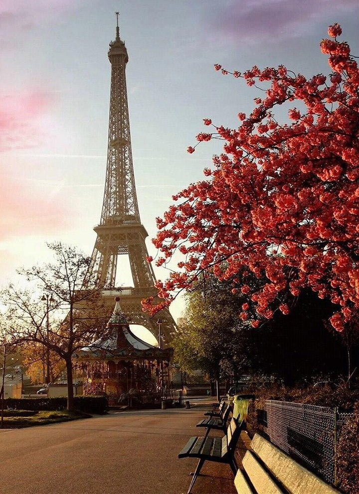 Eiffeltoren met Rode Bladerenboom in Herfstlicht Schilderen op Nummers