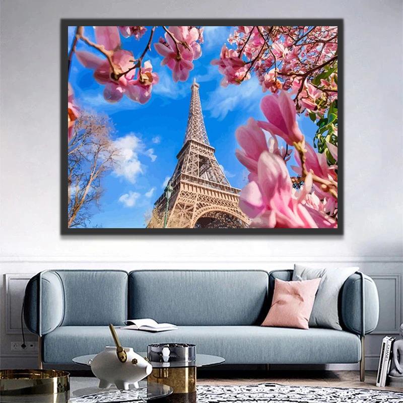 Eiffeltoren met Voorjaarsbloesem in de Lucht Schilderen op Nummers