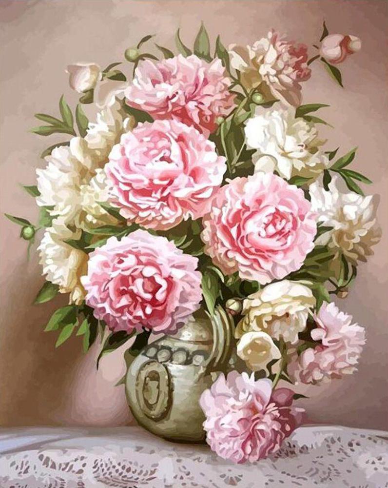Elegante roze en witte bloemen Schilderen op Nummers