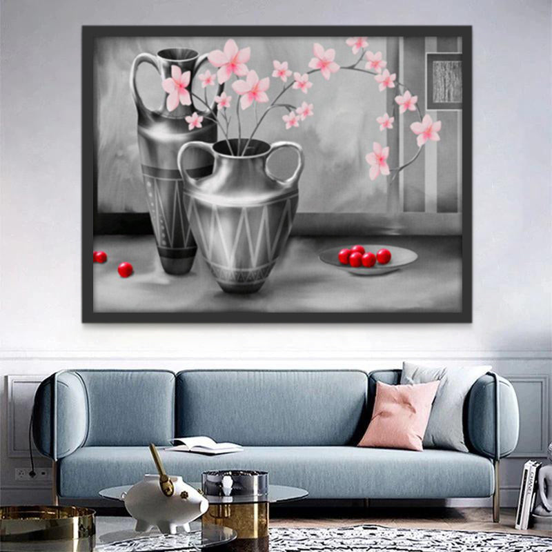 Elegante Vaas met Roze Bloemen en Fruit Schilderen op Nummers