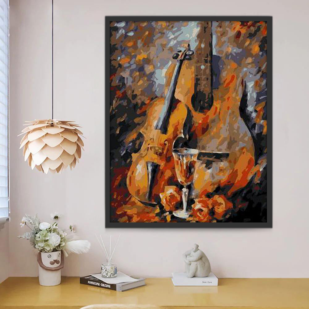 Elegante Weergave van Muziekinstrumenten en Wijn Schilderen op Nummers