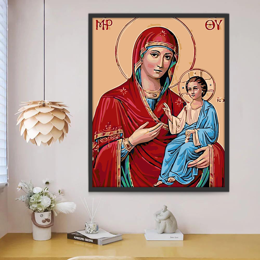 Ernstige Maagd Maria en Kind Christendom Schilderen op Nummers