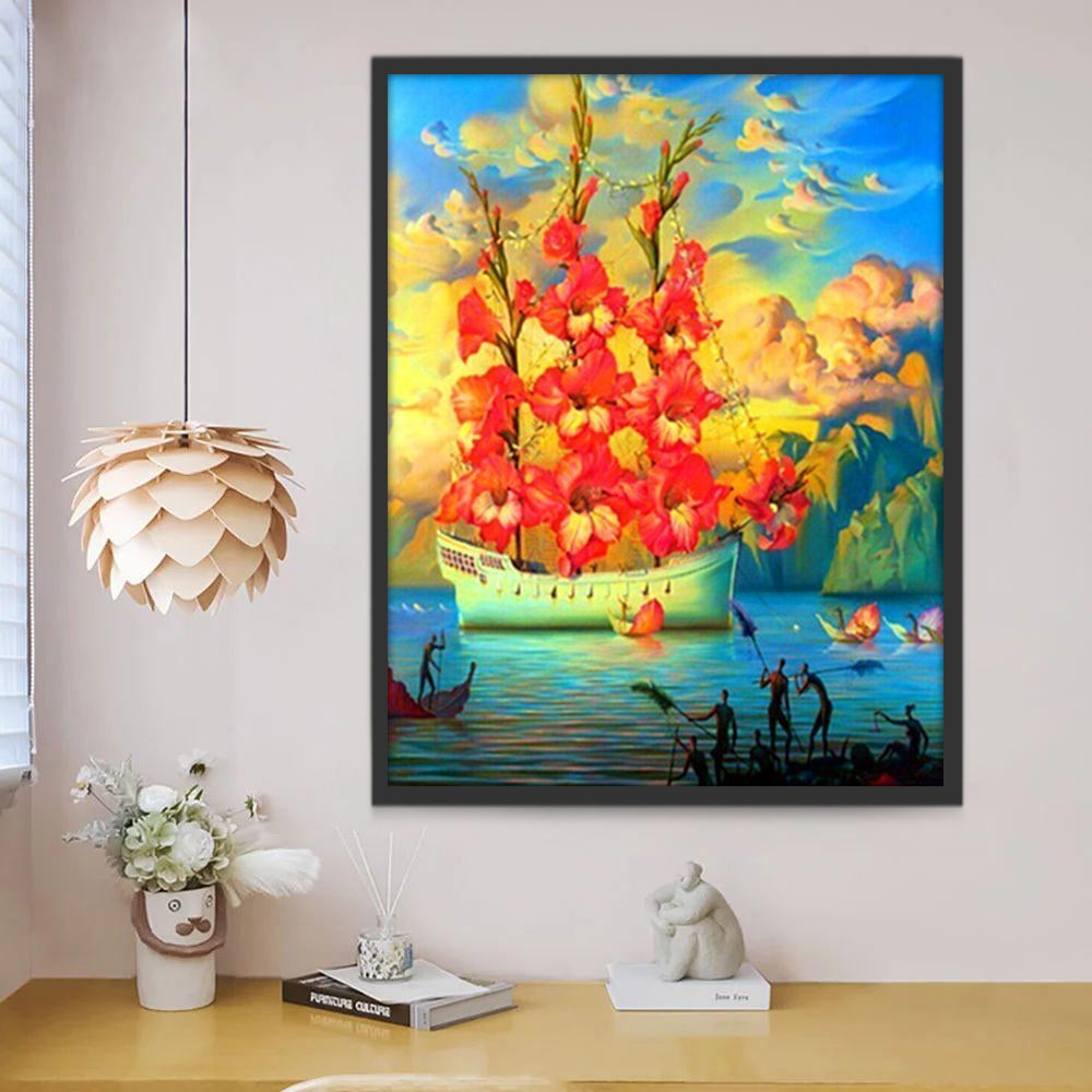 Fantasievol Schip met Rode Zeilbloemen Schilderen op Nummers