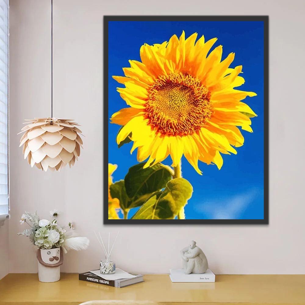 Felgele Zonnebloem tegen een Blauwe Achtergrond Schilderen op Nummers