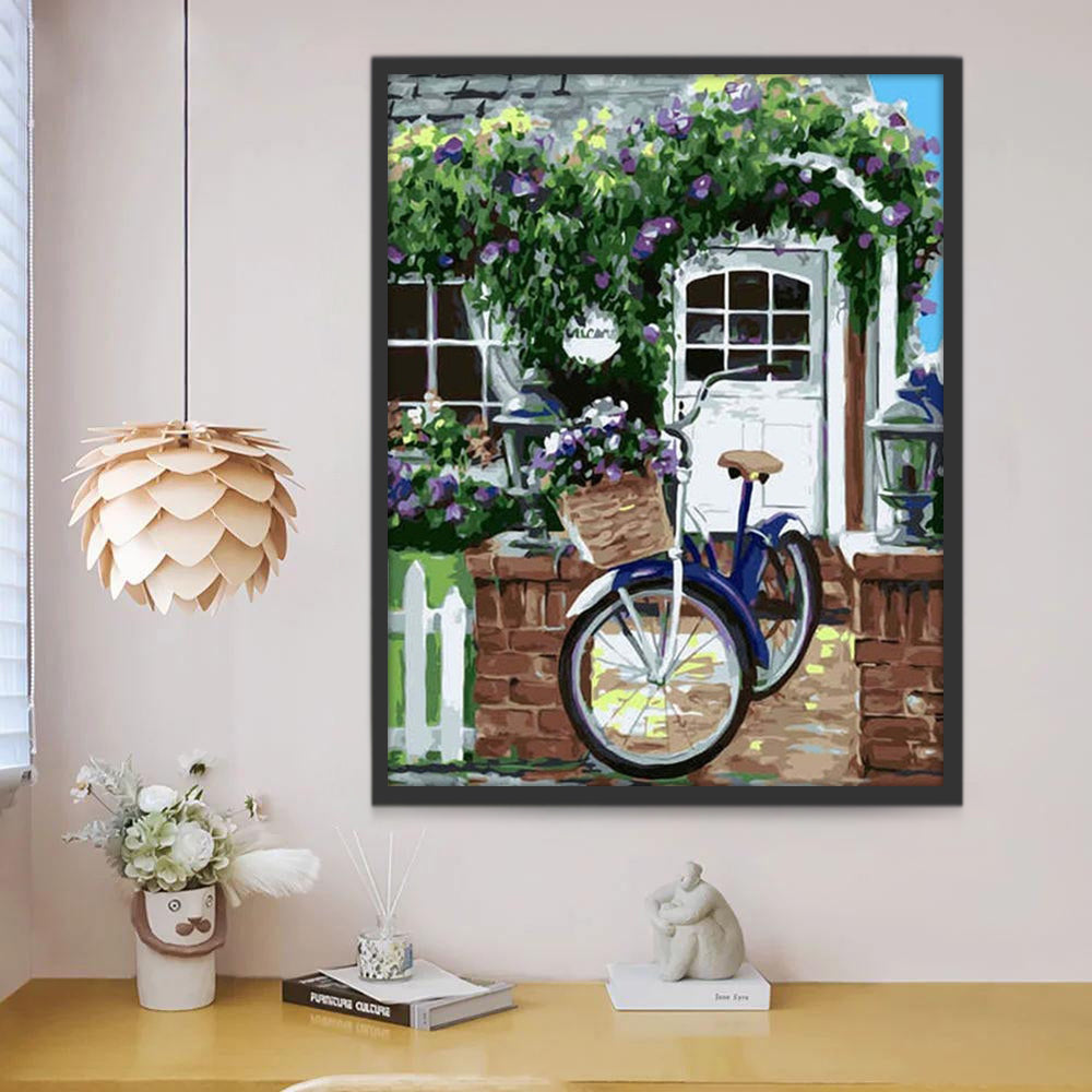 Fiets bij Bloemrijk Huis Schilderen op Nummers