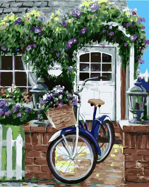 Fiets bij Bloemrijk Huis Schilderen op Nummers