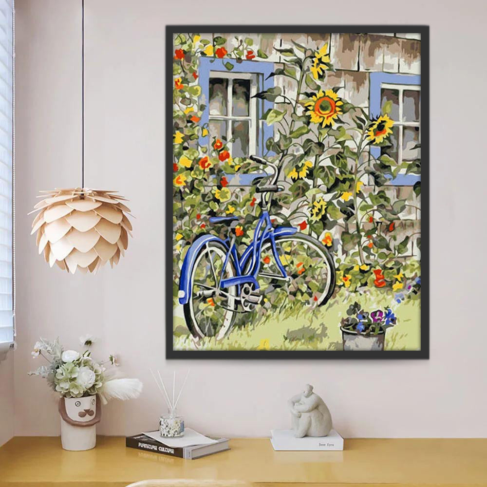 Fiets en Zonnebloemen in de Tuin Schilderen op Nummers