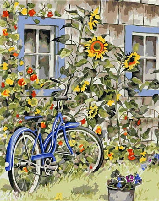 Fiets en Zonnebloemen in de Tuin Schilderen op Nummers