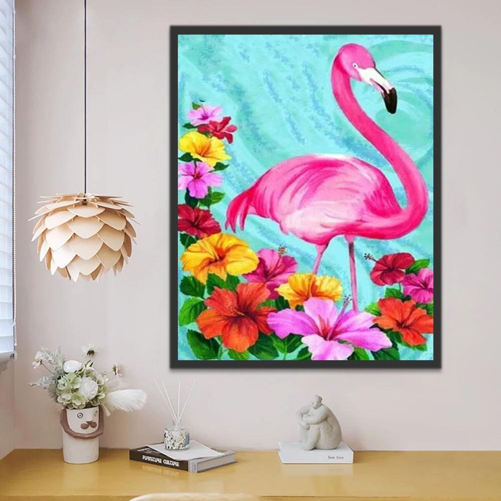 Flamingo en Felgekleurde Bloemen Schilderen op Nummers
