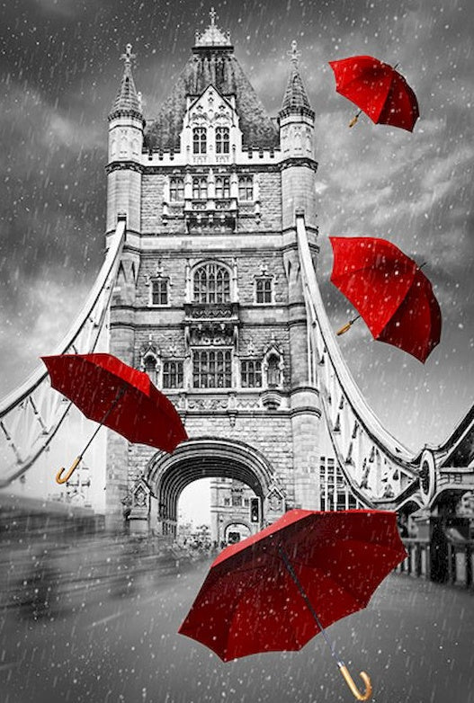 Fliegende Rote Regenschirme vor der London Tower Bridge Schilderen op Nummers