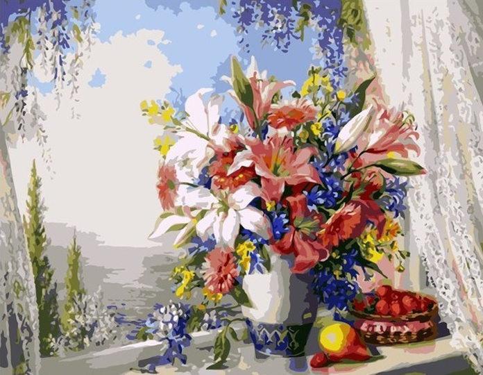 Fruit en Bloemen in Potten bij het Raam Schilderen op Nummers