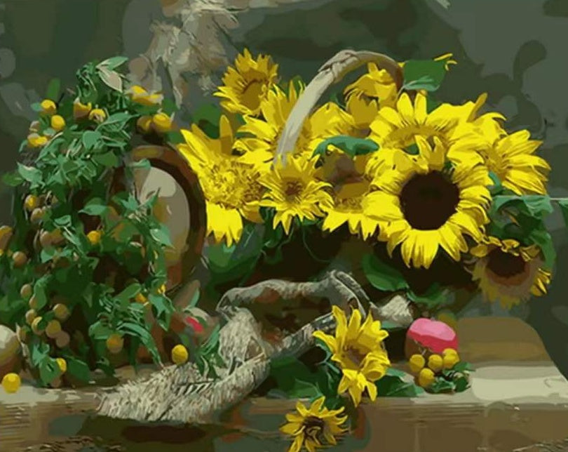 Fruit en een Mand Zonnebloemen Schilderen op Nummers