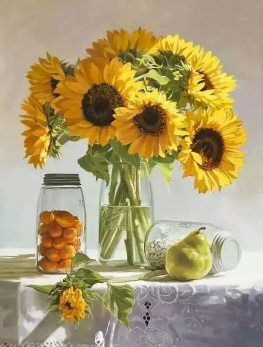 Fruit en Zonnebloemen in een Transparante Vaas op Tafel Schilderen op Nummers