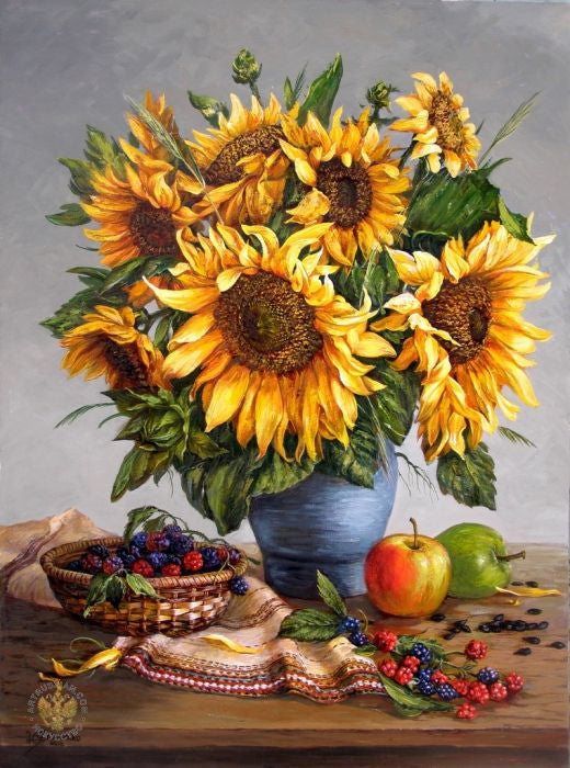 Fruit en Zonnebloemen op Tafel Schilderen op Nummers