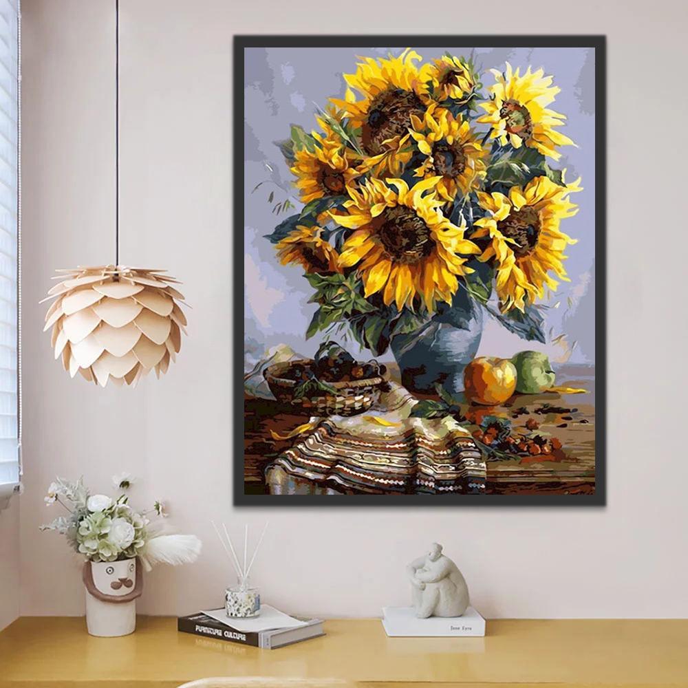 Fruit, Tafelkleed en Zonnebloemen op Tafel Schilderen op Nummers