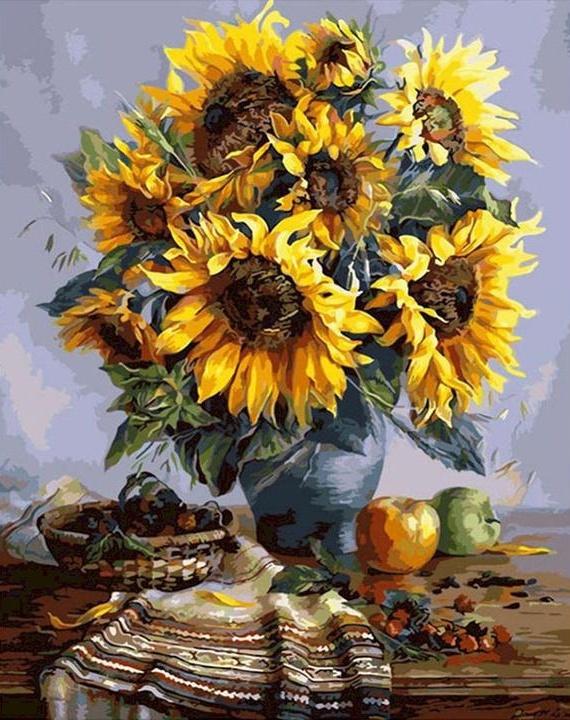 Fruit, Tafelkleed en Zonnebloemen op Tafel Schilderen op Nummers