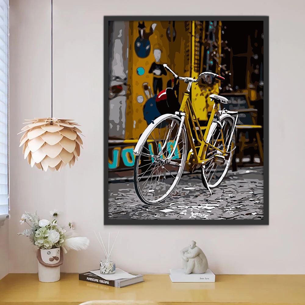 Gele Fiets in Steenstraatse Pracht Schilderen op Nummers
