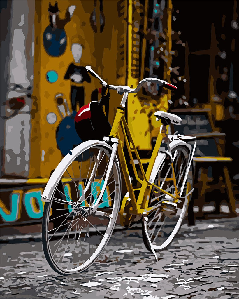 Gele Fiets in Steenstraatse Pracht Schilderen op Nummers