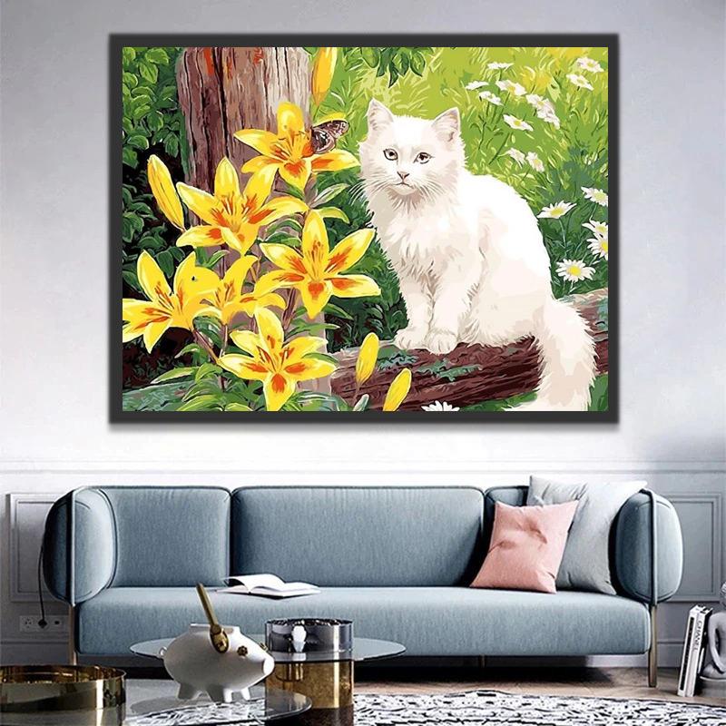 Gele Lelie met Witte Kat Schilderen op Nummers